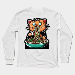 Cat eating spaghetti meme Long Sleeve T-Shirt